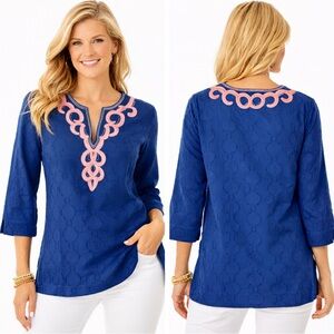 Lilly Pulitzer Tunic Cotton Amelia Island Top Large Navy Coral Gold Resort